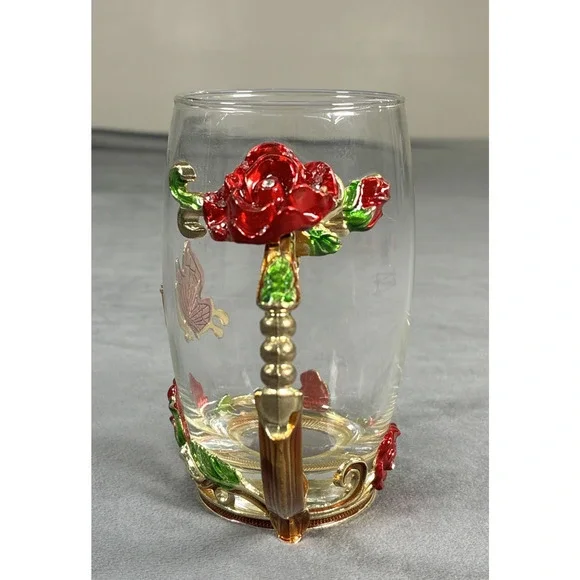 Elegant Tea Cup Glass Coffee Mug Enamel Rose Flower Butterfly ARC and Spoon - Picture 2 of 16
